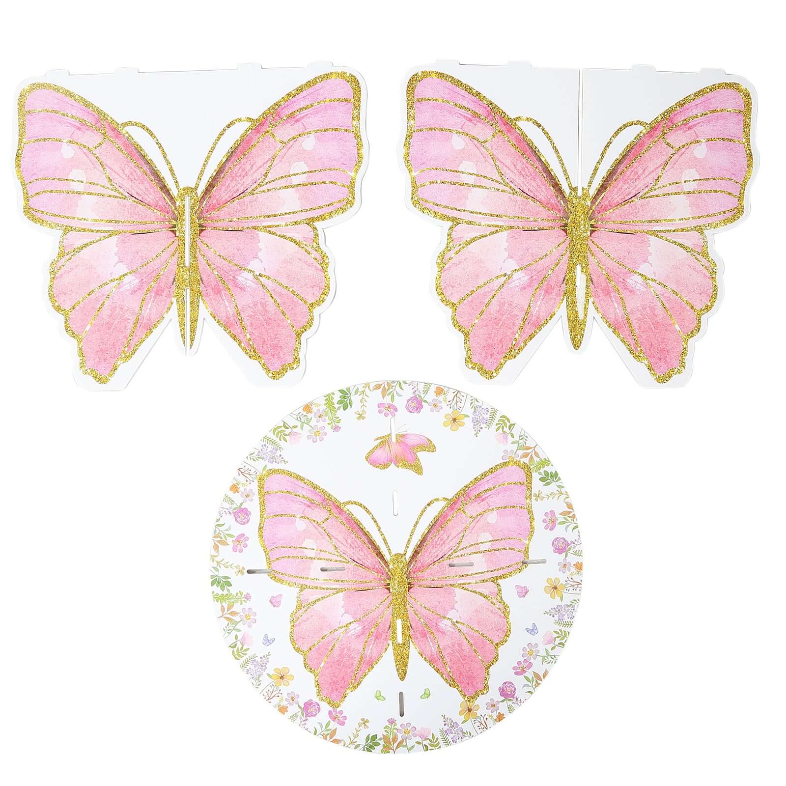 2-Pack Foam Board Cake Stands White/Pink Glitter Butterfly with Floral Print -for Garden Party Birthday & Event Decor