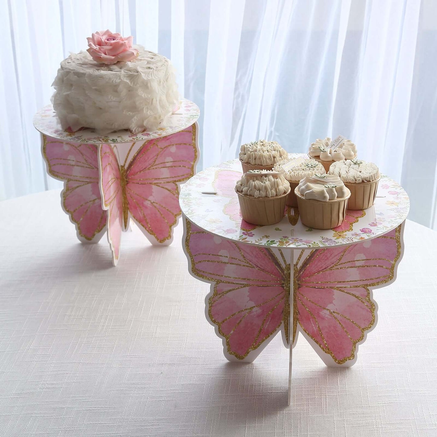 2-Pack Foam Board Cake Stands White/Pink Glitter Butterfly with Floral Print -for Garden Party Birthday & Event Decor