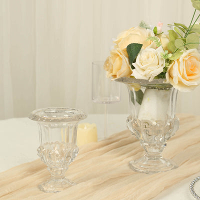 2-Pack Glass Mini Pedestal Flower Vases in Classic Roman Urn Style Clear - Sophisticated Wedding Table Centerpieces 6’’