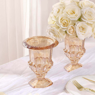 2-Pack Glass Mini Pedestal Flower Vases in Classic Roman Urn Style Amber Gold - Sophisticated Wedding Table