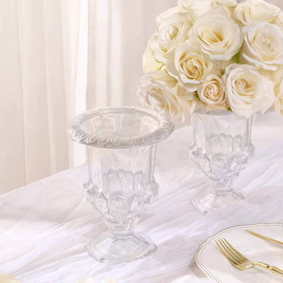 2-Pack Glass Mini Pedestal Flower Vases in Classic Roman Urn Style Clear - Sophisticated Wedding Table Centerpieces 8’’