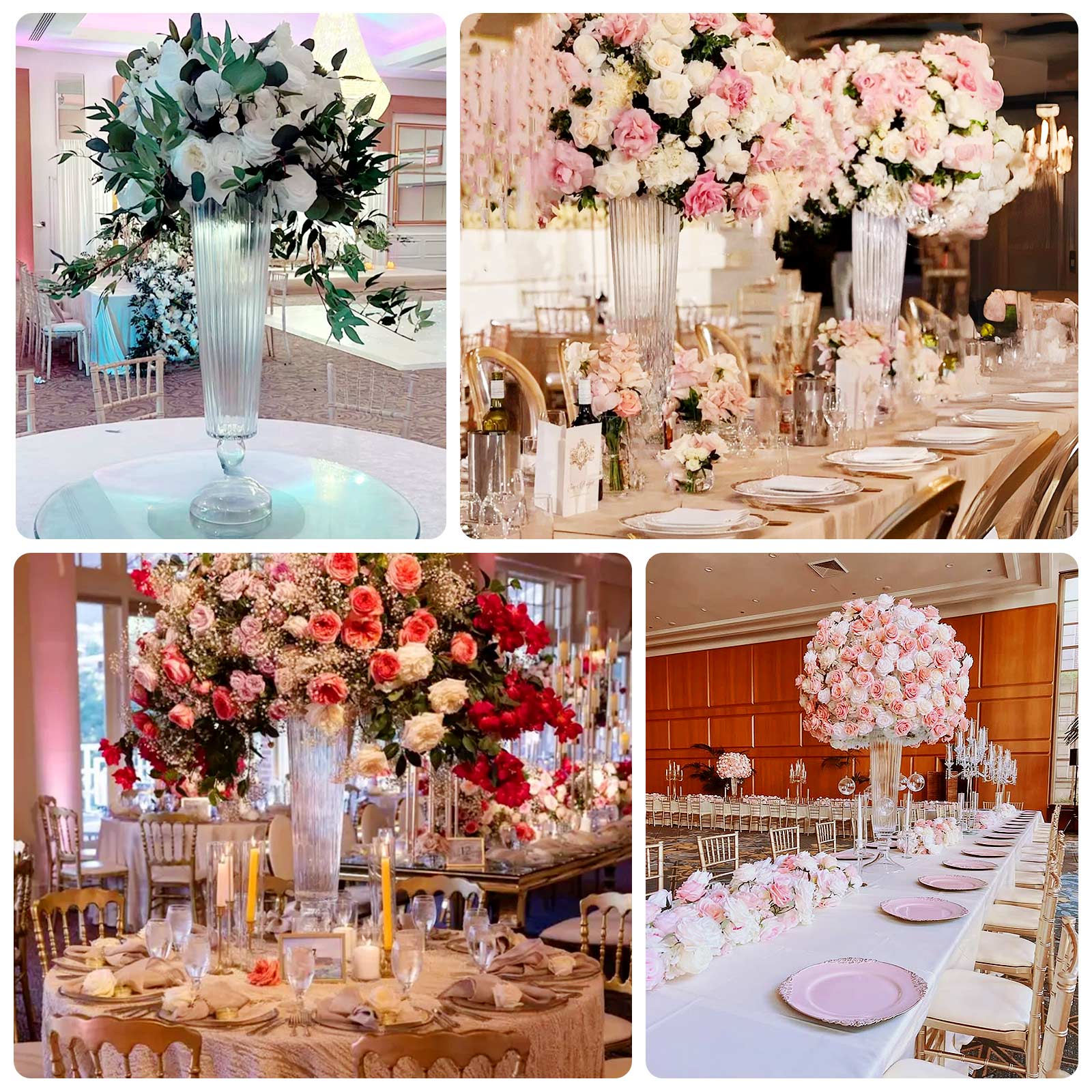 2-Pack Glass Trumpet Vases Ribbed Design Clear - Durable Flower Centerpieces for Events 32’’ - Centerpieces