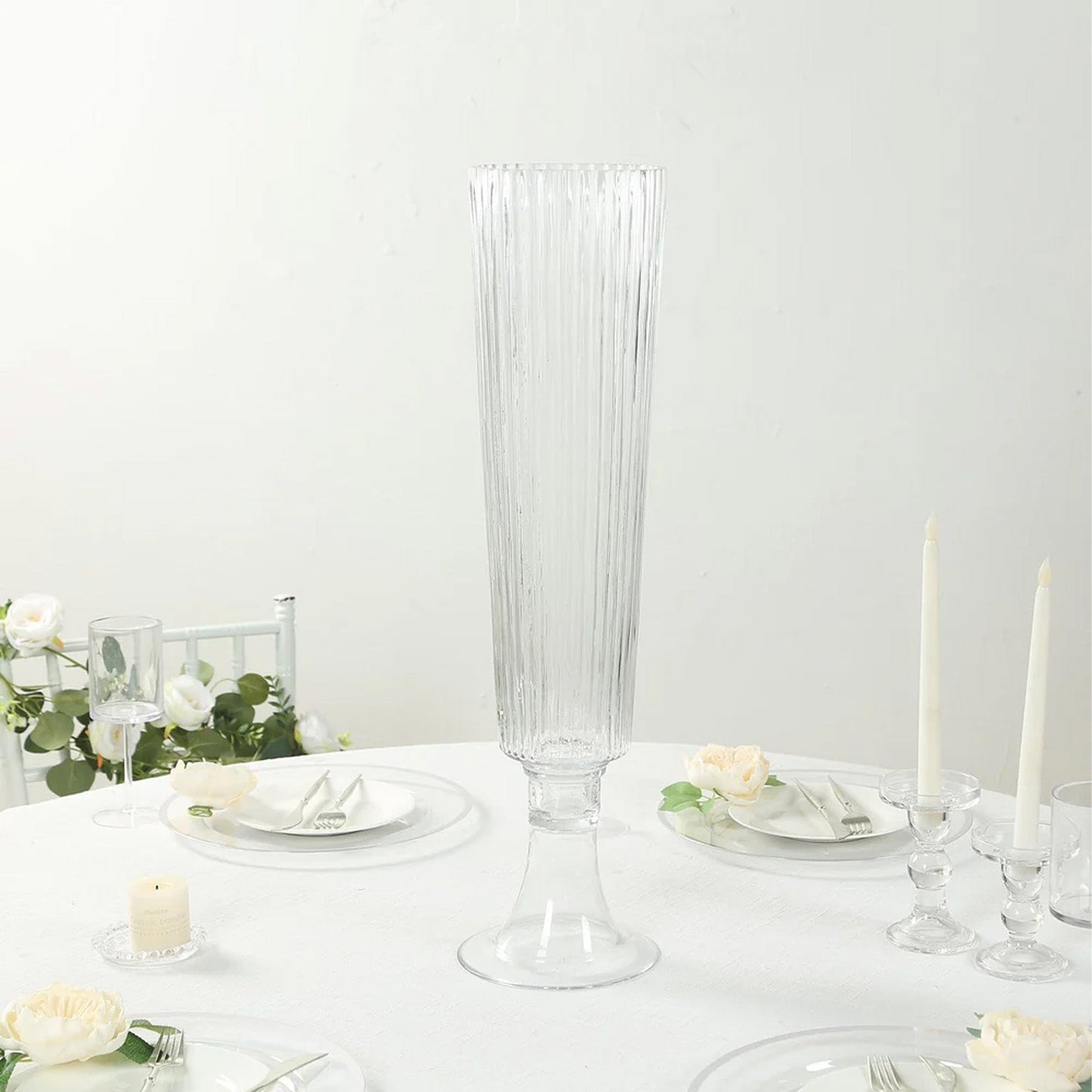 2-Pack Glass Trumpet Vases Ribbed Design Clear - Durable Flower Centerpieces for Events 32’’ - Centerpieces