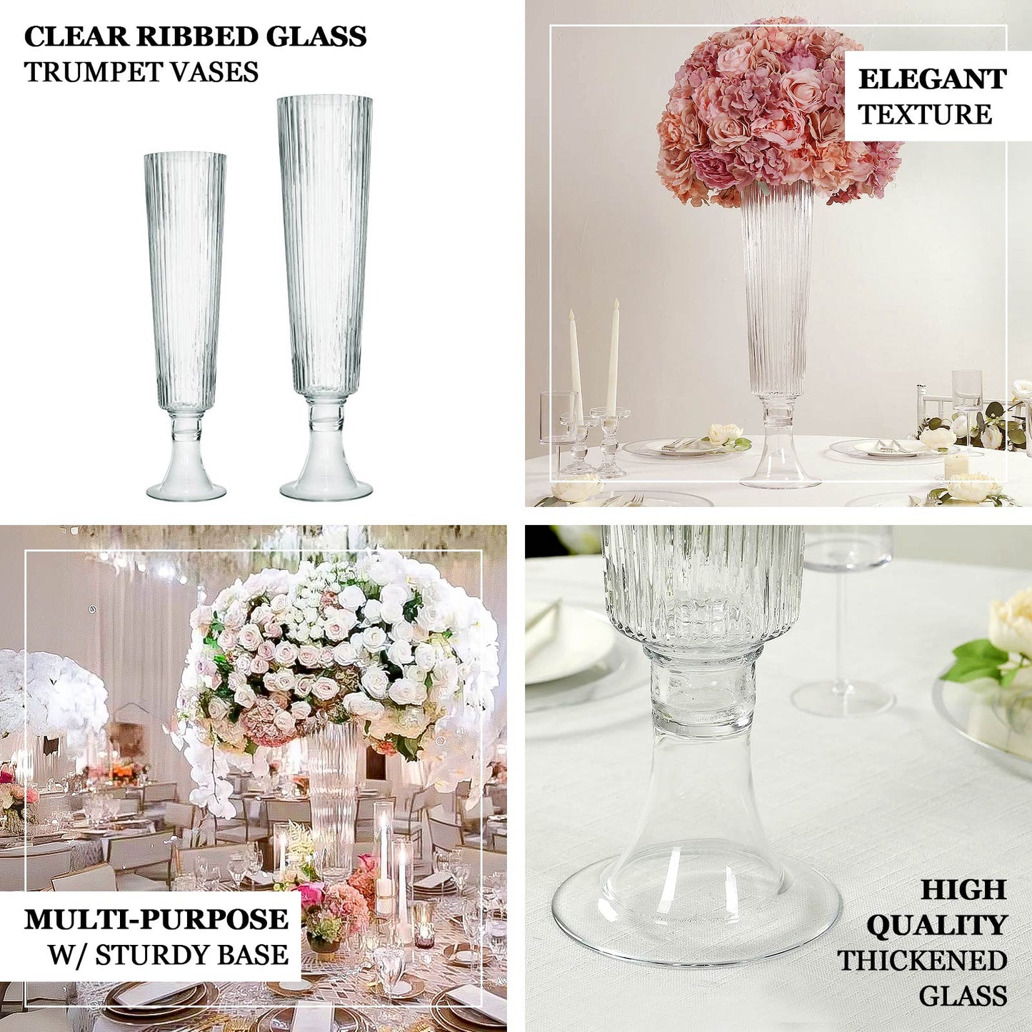 2-Pack Glass Trumpet Vases Ribbed Design Clear - Durable Flower Centerpieces for Events 32’’ - Centerpieces