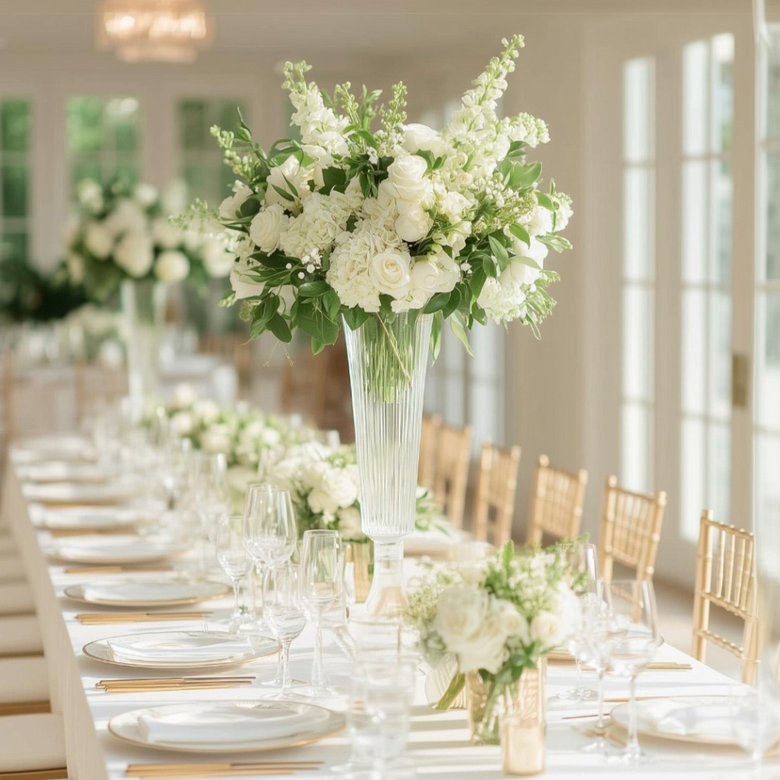 2-Pack Glass Trumpet Vases Ribbed Design Clear - Durable Flower Centerpieces for Events 32’’ - Centerpieces