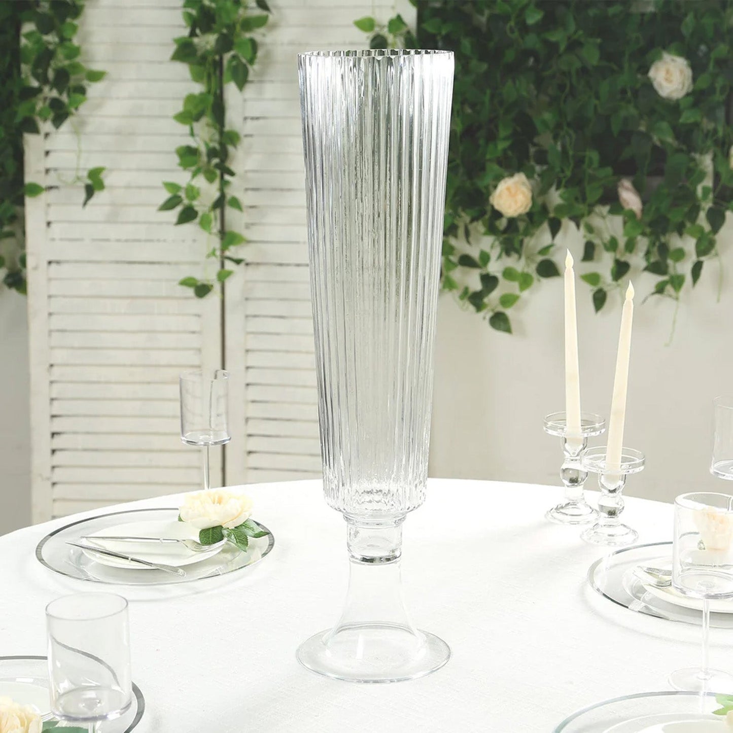 2-Pack Glass Trumpet Vases Ribbed Design Clear - Durable Flower Centerpieces for Events 32’’ - Centerpieces