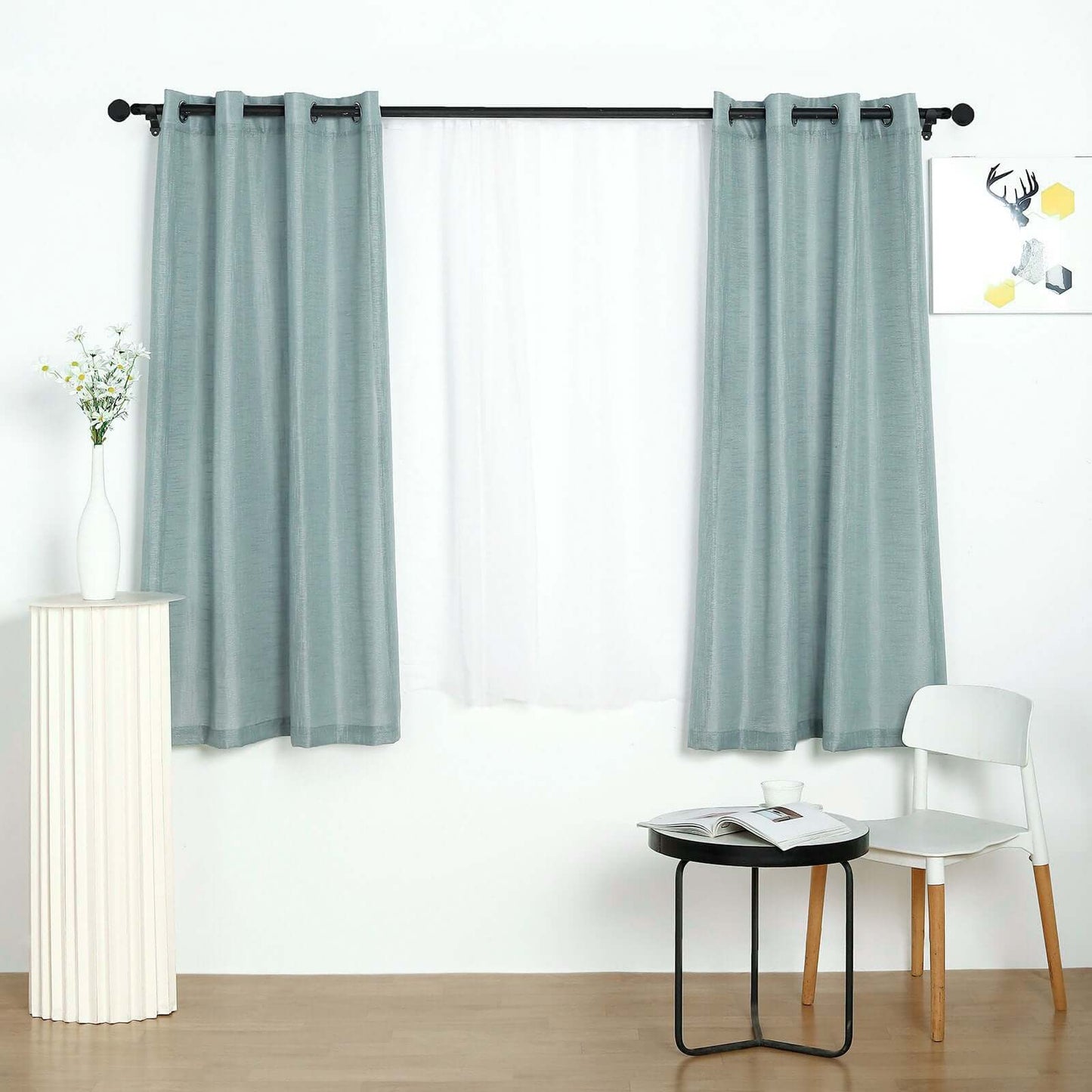 2 Pack Handmade Dusty Blue Faux Linen Curtains 52"x64", Curtain Panels With Chrome Grommets