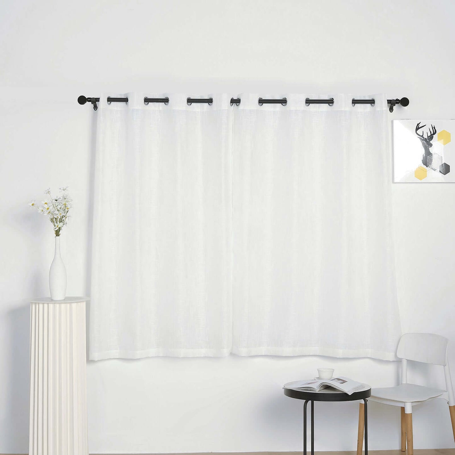 2 Pack Handmade White Faux Linen Curtains 52"x64", Curtain Panels With Chrome Grommets