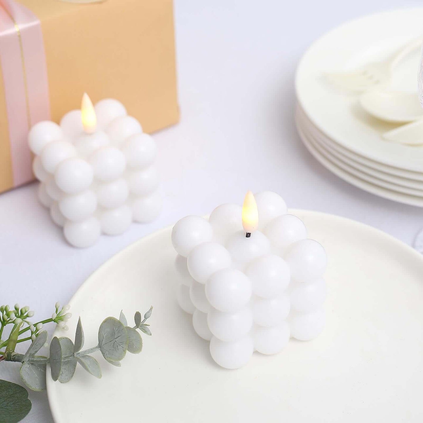 2-Pack LED Flameless Cube Candles Flickering Warm White/White - Battery Operated Bubble Design 2"