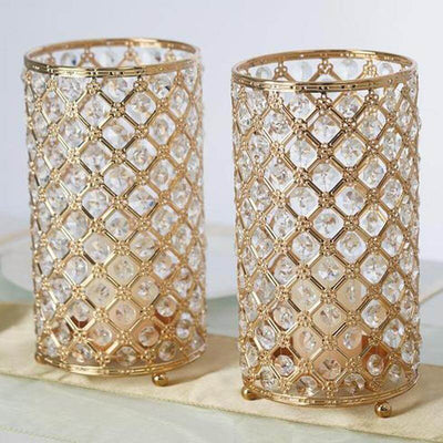 2-Pack Metal Crystal Beaded Pillar Holders Gold - Versatile Stem Vase Set for Decor 9"