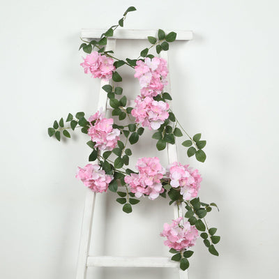 2-Pack Pink Artificial Hydrangea Garland 5.5ft â€“ Artificial Silk Floral Vine with Green Leaves - Flower Garlands
