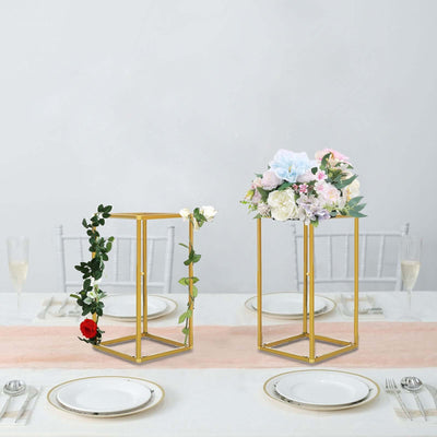 2-Pack Wedding Flower Stand Gold Metal Geometric Column Frame Rectangular - Versatile Floral Pedestal for Sophisticated Arrangements 12"