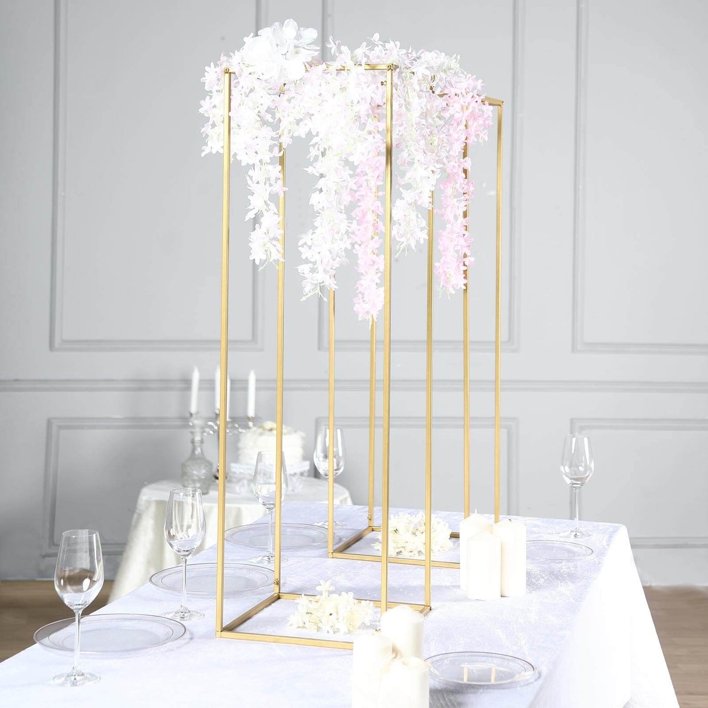 2-Pack Wedding Flower Stand Gold Metal Geometric Column Frame Rectangular - Versatile Floral Pedestal for Sophisticated Arrangements 40"