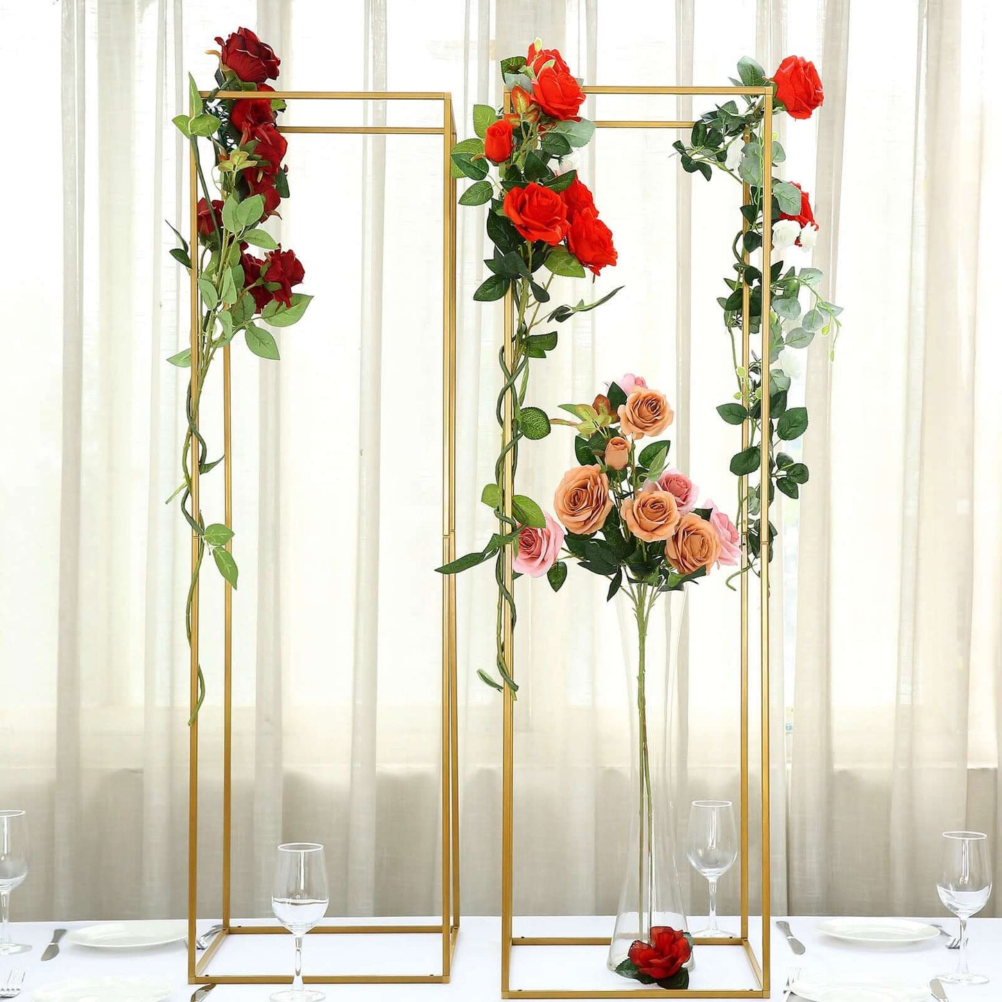 2-Pack Wedding Flower Stand Gold Metal Geometric Column Frame Rectangular - Versatile Floral Pedestal for Upscale Arrangements 48"