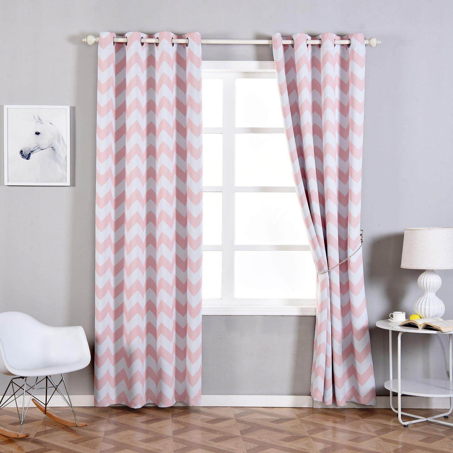 2 Pack White Blush Chevron Print Thermal Blackout Window Curtain Grommet Panels, Noise Canceling Curtains - 52"x96"