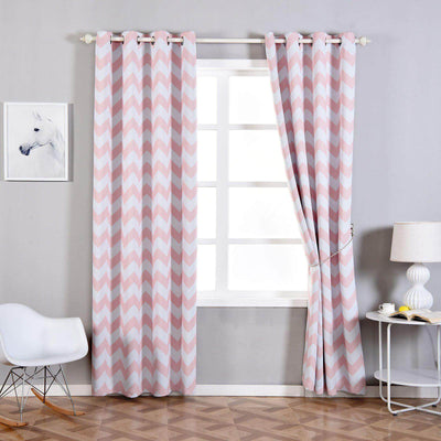 2 Pack White Blush Chevron Print Thermal Blackout Window Curtain Grommet Panels, Noise Canceling Curtains - 52"x96"