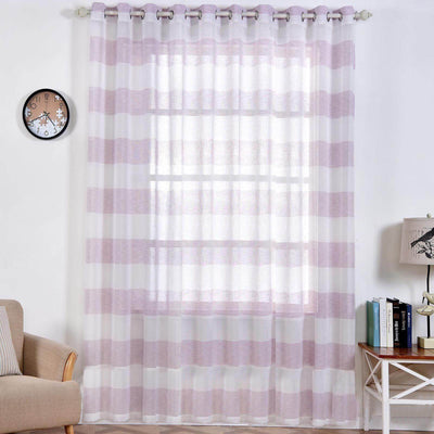 2 Pack White Lavender Lilac Cabana Print Faux Linen Curtain Panels With Chrome Grommet - 52"x108"