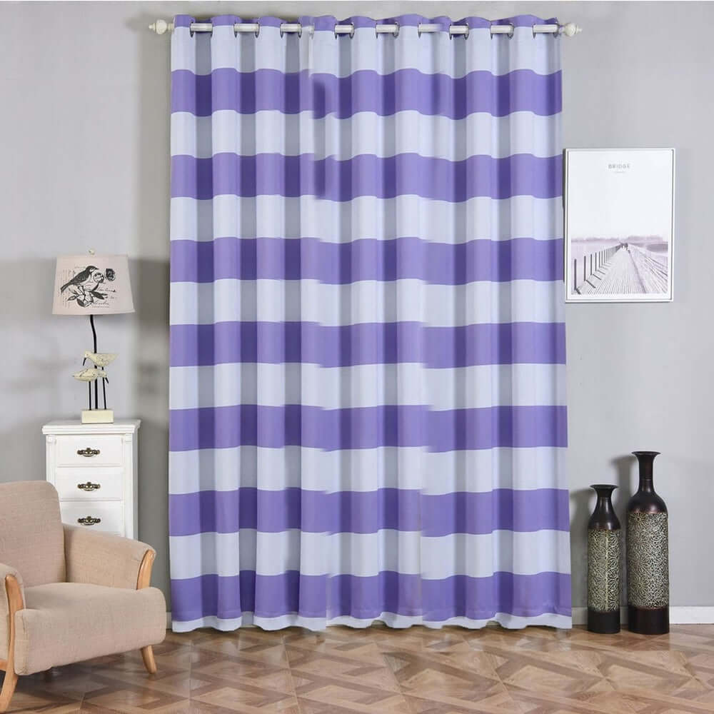 2 Pack White Lavender Lilac Cabana Stripe Thermal Blackout Curtains With Chrome Grommet Window Treatment Panels - 52"x108"
