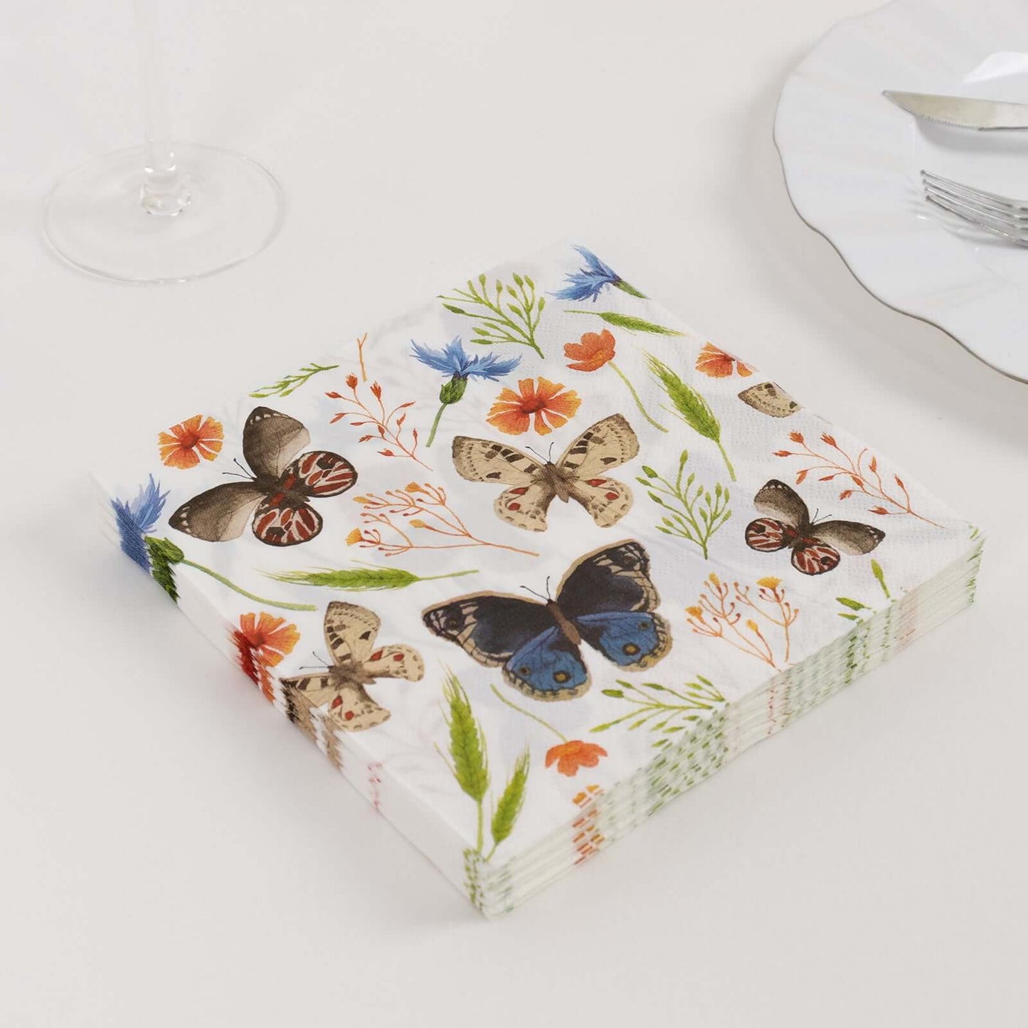 50-Pack Paper Beverage Napkins with Field Herbs and Butterfly Print Ivory - 2 Ply Disposable 18GSM Garden Party Napkins 6.5"x6.5"