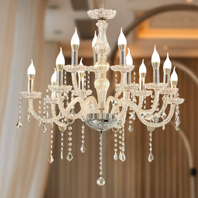 2-Tier Crystal Chandelier with 15 LED Candle Bulbs â€“ Silver Acrylic Ceiling Light Fixture with Dual-Layer LED