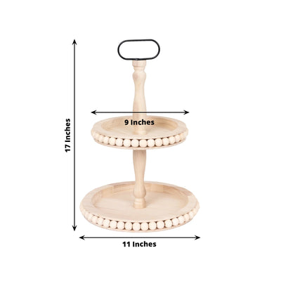 2-Tier Wooden Serving Tray Stand Beaded Design with Metal Handle Natural - Round Rustic Farmhouse Cupcake Display 17’’