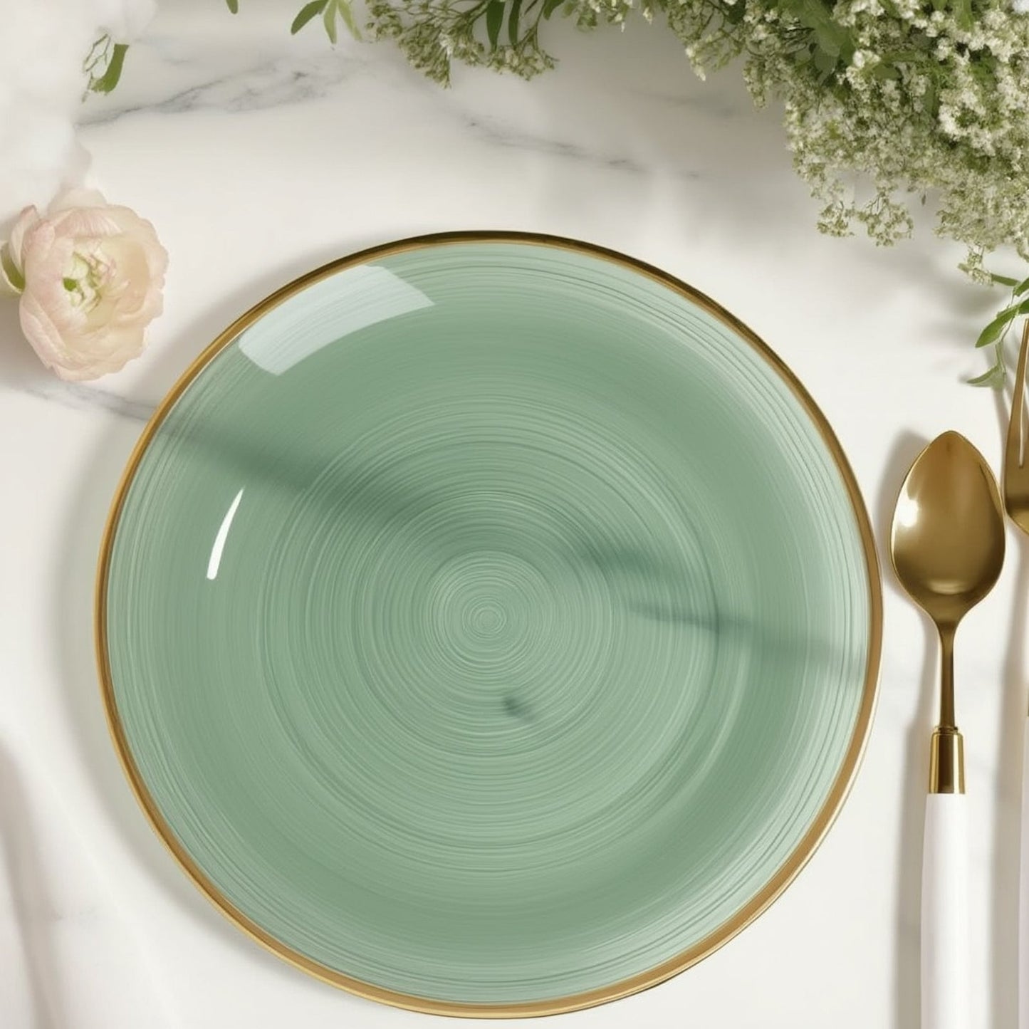 20-Pack 10’’ Plastic Dinner Plates Round Transparent Dusty Sage Green Swirl with Gold Rim â€“ Crystal-Like Elegant