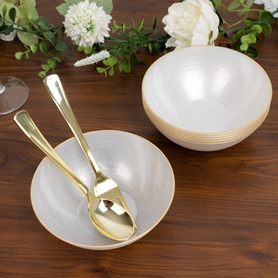 20-Pack 16oz Plastic Bowls â€“ Transparent Pearl White with Gold Rim Elegant Crystal-Like Swirl Disposable Bowls