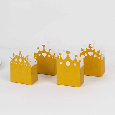 20-Pack Cardstock Favor Boxes Gold Glitter Princess Crown Design - Regal Fantasy Fairytale Inspired Treat Bags