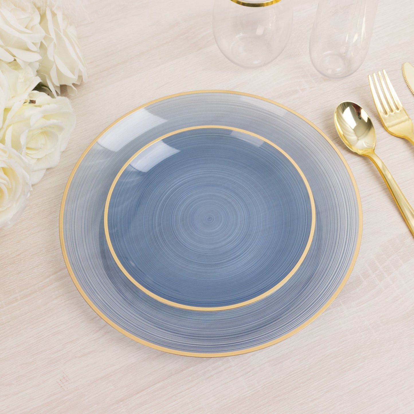 20-Pack 7" Plastic Salad Dessert Plates, Round Transparent Dusty Blue Swirl with Gold Rim â€“ Crystal-Like Elegant Party Plates