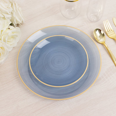 20-Pack 7" Plastic Salad Dessert Plates, Round Transparent Dusty Blue Swirl with Gold Rim â€“ Crystal-Like Elegant Party Plates