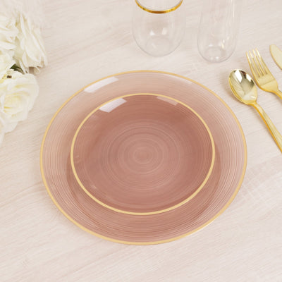 20-Pack 7" Plastic Salad Dessert Plates, Round Transparent Dusty Rose Swirl with Gold Rim â€“ Crystal-Like Elegant Party Plates