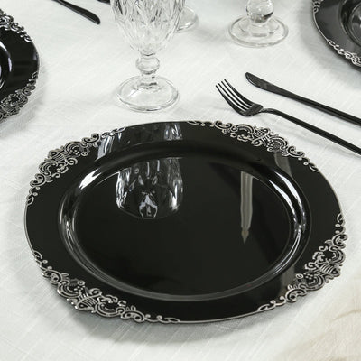 20-Pack Economy Plastic Round Charger Plates 13’’ in Black with Silver Embossed Baroque Rim Stylish Dinner Party