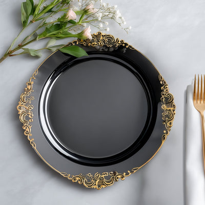 20-Pack Economy Plastic Round Charger Plates 13’’ in Black with Gold Embossed Baroque Rim Stylish Dinner Party Serving