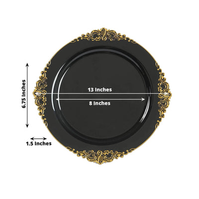 20-Pack Economy Plastic Round Charger Plates 13’’ in Black with Gold Embossed Baroque Rim Stylish Dinner Party Serving