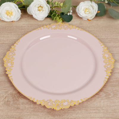 20-Pack Economy Plastic Round Charger Plates 13’’ in Blush with Gold Embossed Baroque Rim Stylish Dinner Party Serving