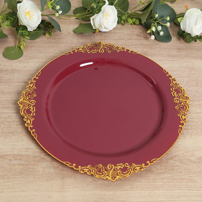 20-Pack Economy Plastic Round Charger Plates 13’’ in Burgundy with Gold Embossed Baroque Rim Stylish Dinner Party
