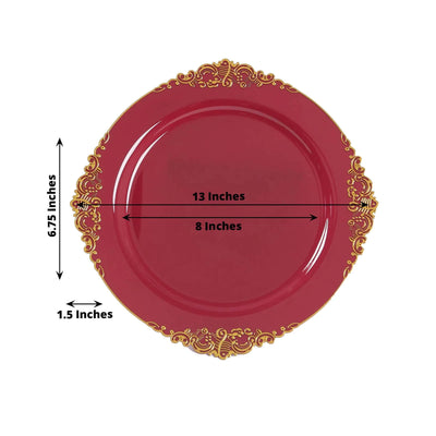 20-Pack Economy Plastic Round Charger Plates 13’’ in Burgundy with Gold Embossed Baroque Rim Stylish Dinner Party