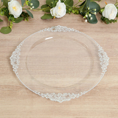 20-Pack Economy Plastic Round Charger Plates 13’’ in Clear with Silver Embossed Baroque Rim Stylish Dinner Party