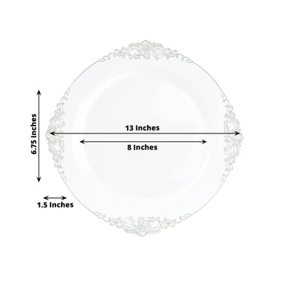 20-Pack Economy Plastic Round Charger Plates 13’’ in Clear with Silver Embossed Baroque Rim Stylish Dinner Party