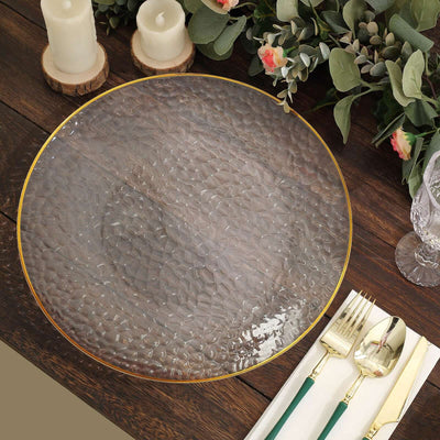 20 Pack Economy Plastic Round Charger Plates 13’’ in Clear Hammered Design with Gold Rim - Table Setting Plates