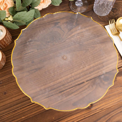 20 Pack Economy Plastic Round Charger Plates 13’’ in Clear Sunflower Design with Gold Scalloped Rim - Table Setting