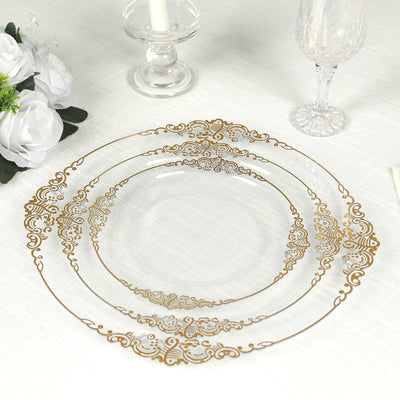 20-Pack Economy Plastic Round Charger Plates 13’’ in Clear with Gold Embossed Baroque Rim Stylish Dinner Party Serving