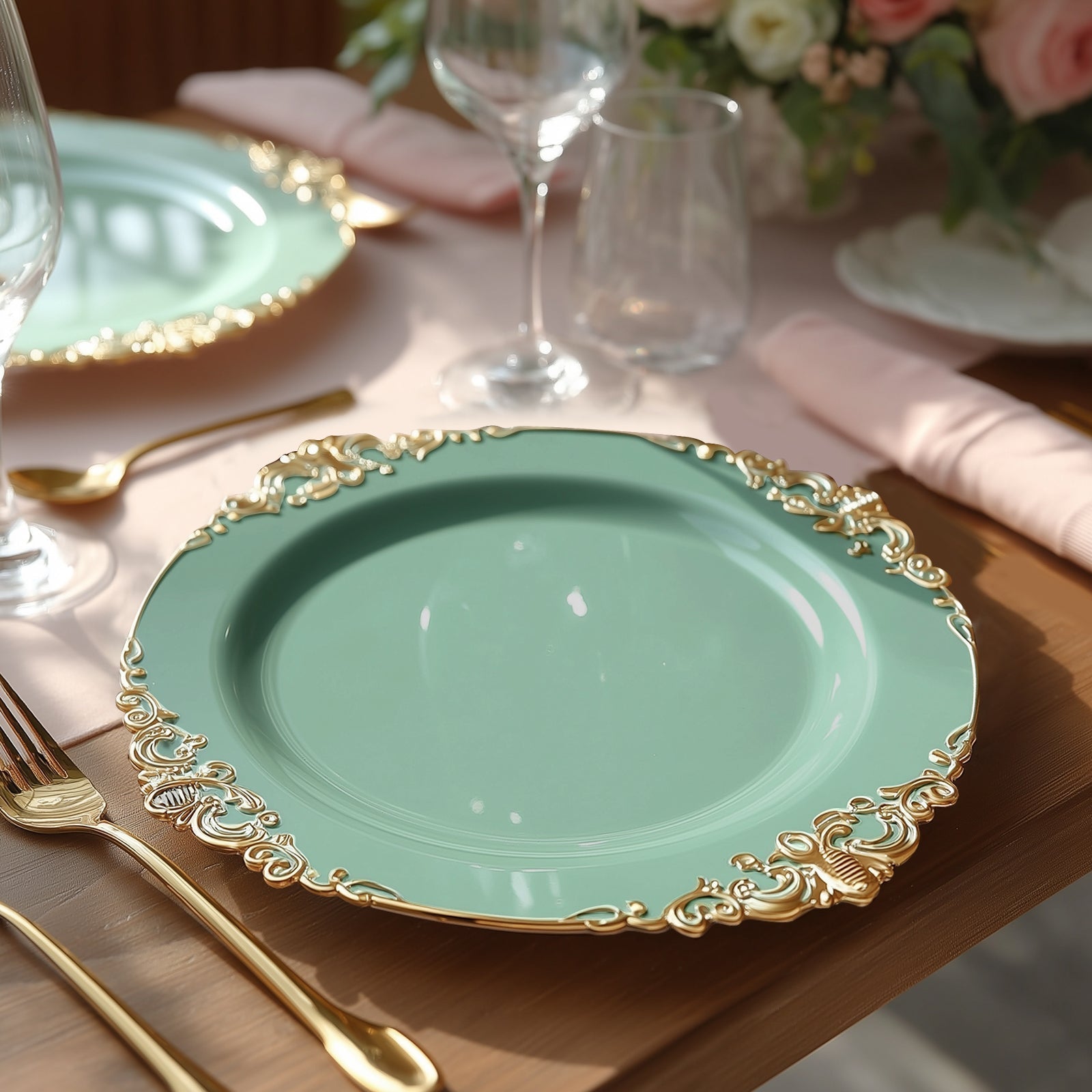 20-Pack Economy Plastic Round Charger Plates 13’’ in Dusty Sage Green with Gold Embossed Baroque Rim Stylish Dinner