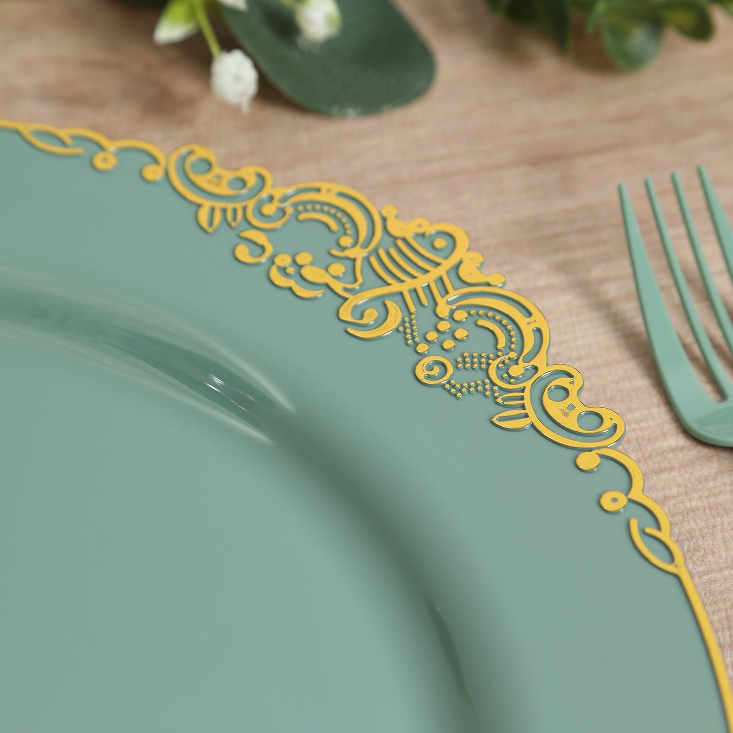 20-Pack Economy Plastic Round Charger Plates 13’’ in Dusty Sage Green with Gold Embossed Baroque Rim Stylish Dinner