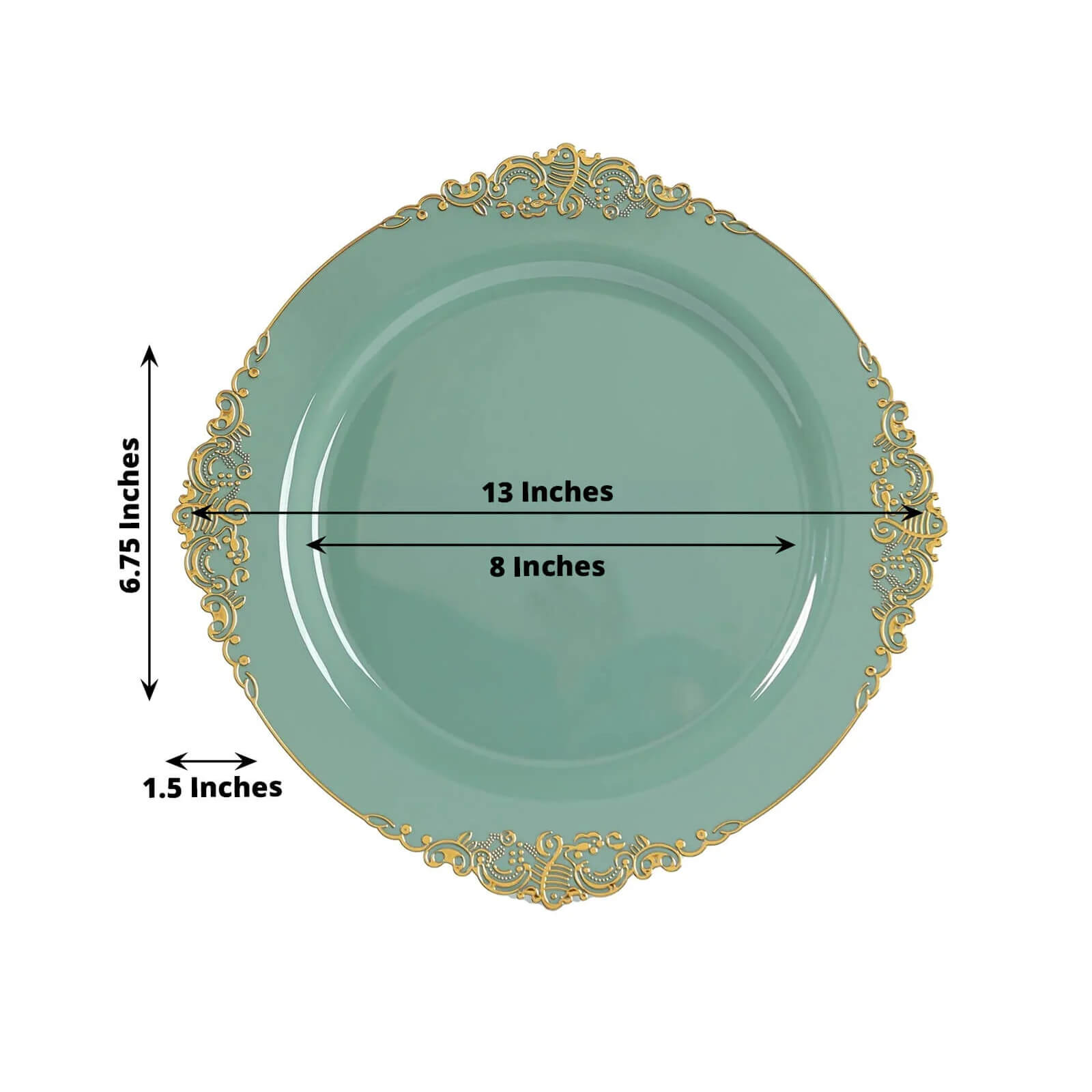 20-Pack Economy Plastic Round Charger Plates 13’’ in Dusty Sage Green with Gold Embossed Baroque Rim Stylish Dinner