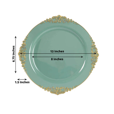 20-Pack Economy Plastic Round Charger Plates 13’’ in Dusty Sage Green with Gold Embossed Baroque Rim Stylish Dinner