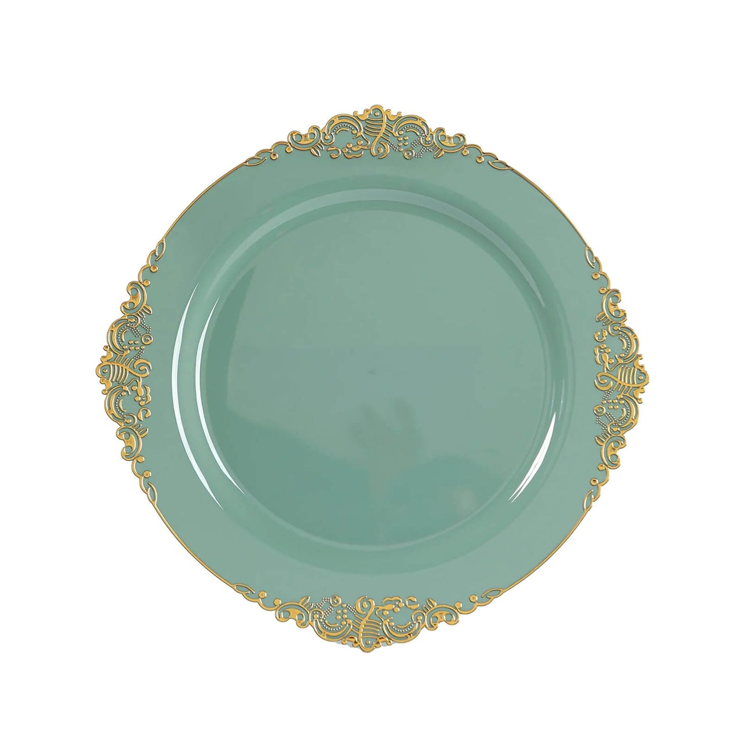 20-Pack Economy Plastic Round Charger Plates 13’’ in Dusty Sage Green with Gold Embossed Baroque Rim Stylish Dinner