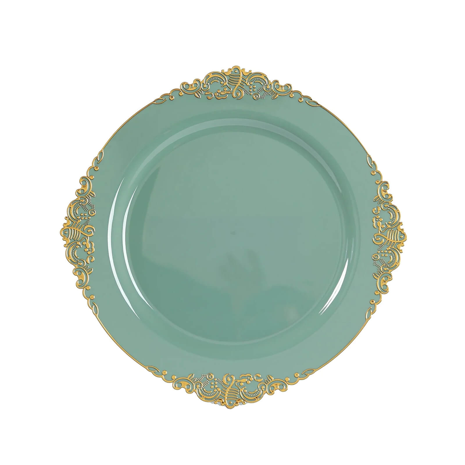 20-Pack Economy Plastic Round Charger Plates 13’’ in Dusty Sage Green with Gold Embossed Baroque Rim Stylish Dinner