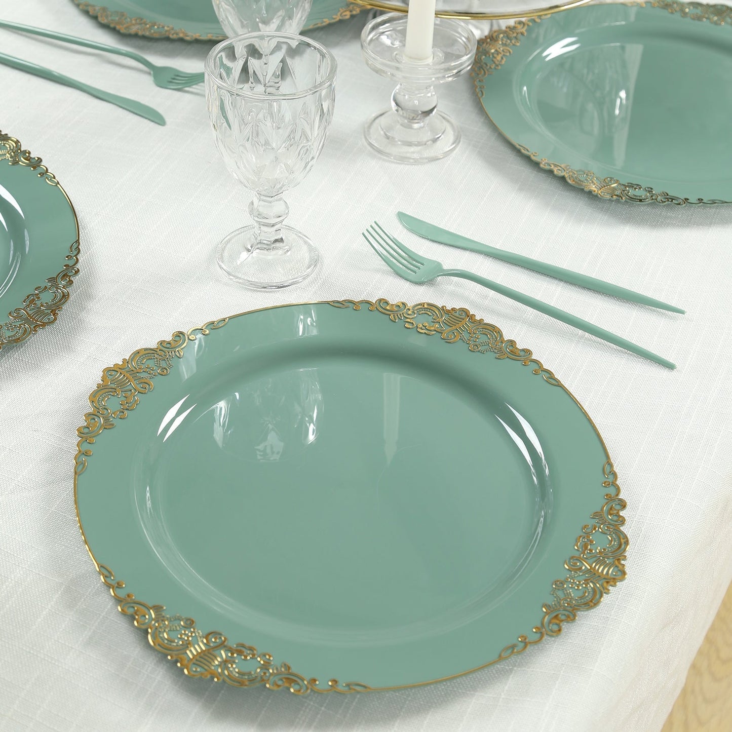 20-Pack Economy Plastic Round Charger Plates 13’’ in Dusty Sage Green with Gold Embossed Baroque Rim Stylish Dinner