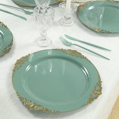 20-Pack Economy Plastic Round Charger Plates 13’’ in Dusty Sage Green with Gold Embossed Baroque Rim Stylish Dinner